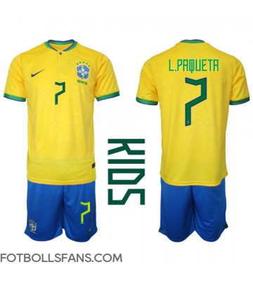 Brasilien Lucas Paqueta #7 Replika Hemmatröja Barn VM 2022 Kortärmad (+ Korta byxor)